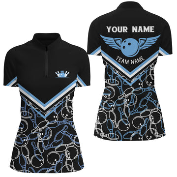 Custom Black & Blue Quarter Zip Bowling Shirt for Women N4707