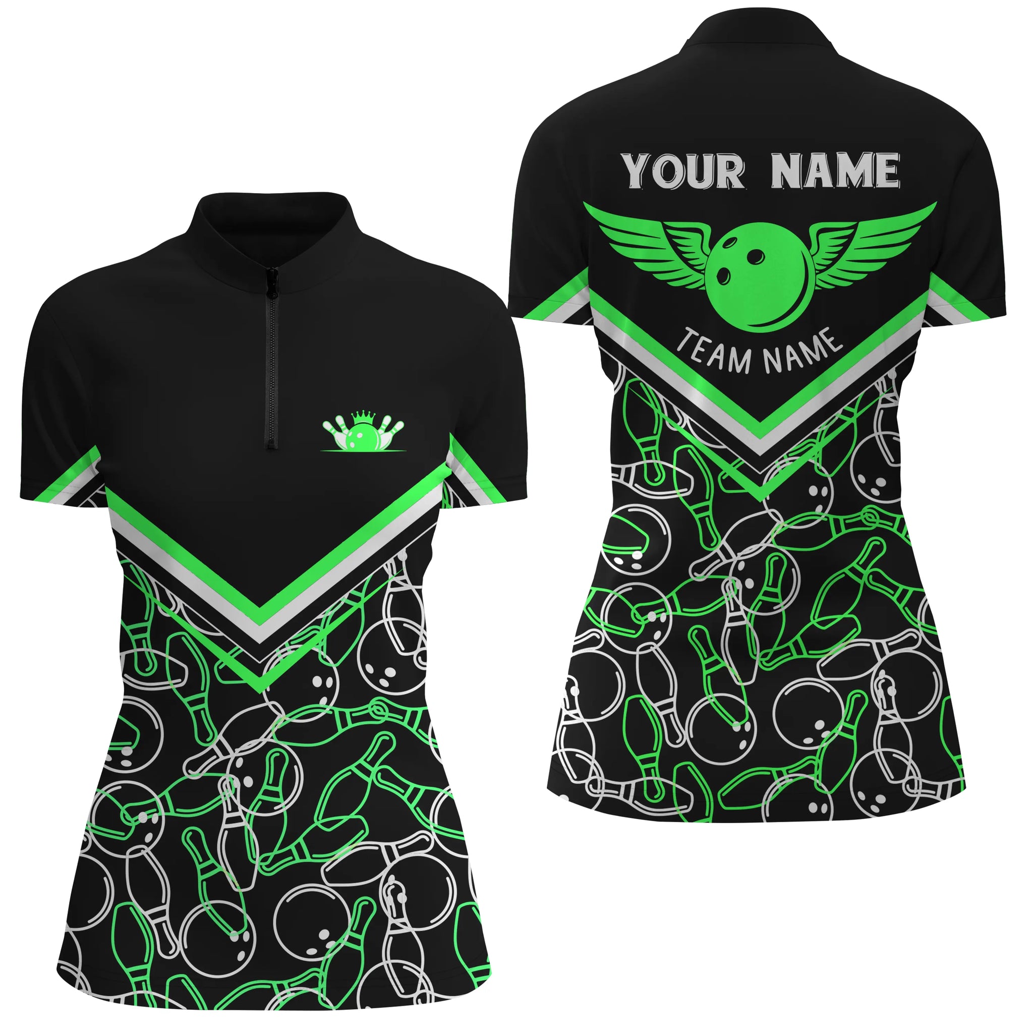 Custom Black & Green 3D Quarter Zip Bowling Shirt for Women N4708