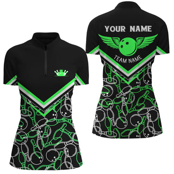 Custom Black & Green 3D Quarter Zip Bowling Shirt for Women N4708