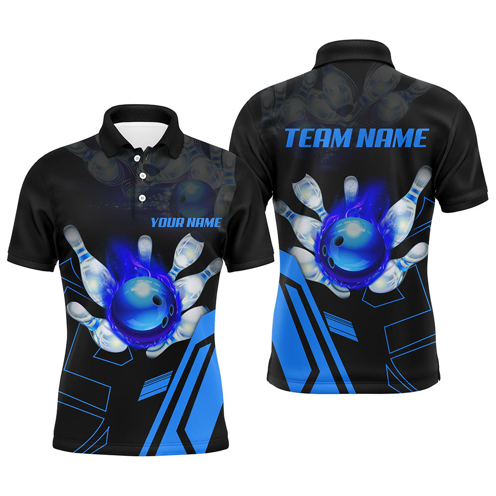 Black Flame Bowling Polo Shirt for Men - Custom Team League, Blue N6557
