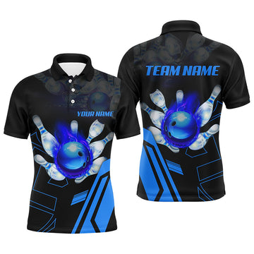 Black Flame Bowling Polo Shirt for Men - Custom Team League, Blue N6557