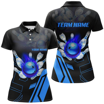 Women's Custom Blue Bowling Polo Shirt - Black Flame Design N6557