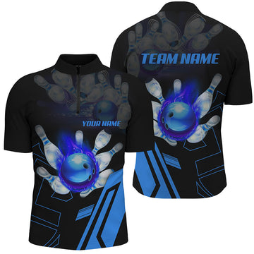 Men's Custom Blue Bowling Quarter Zip Shirt - Black Flame Design N6557