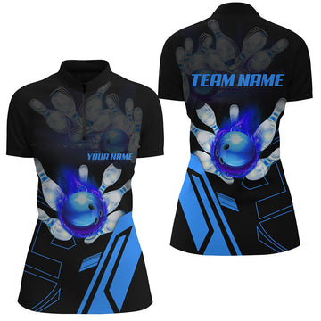 Women's Custom Blue Bowling Quarter Zip Shirt - Black Flame Team Jersey N6557