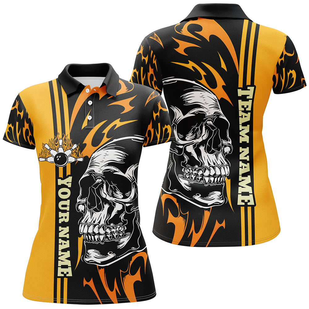 Women's Bowling Polo Shirt - Custom Black & Yellow Flame Skull N7275