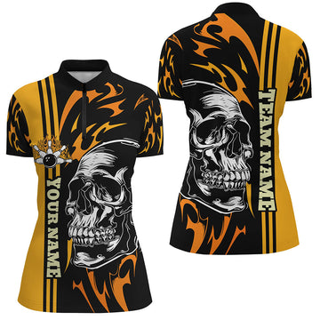 Women's Bowling Quarter Zip Shirt - Custom Black/Yellow Flame Skull Design N7275