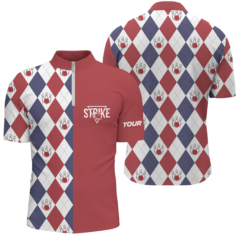 Men's Bowling Quarter-Zip Shirt - Red, White & Blue Argyle N6830