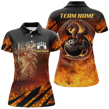 Women's Black & Orange Dragon Flame Bowling Shirts N8234