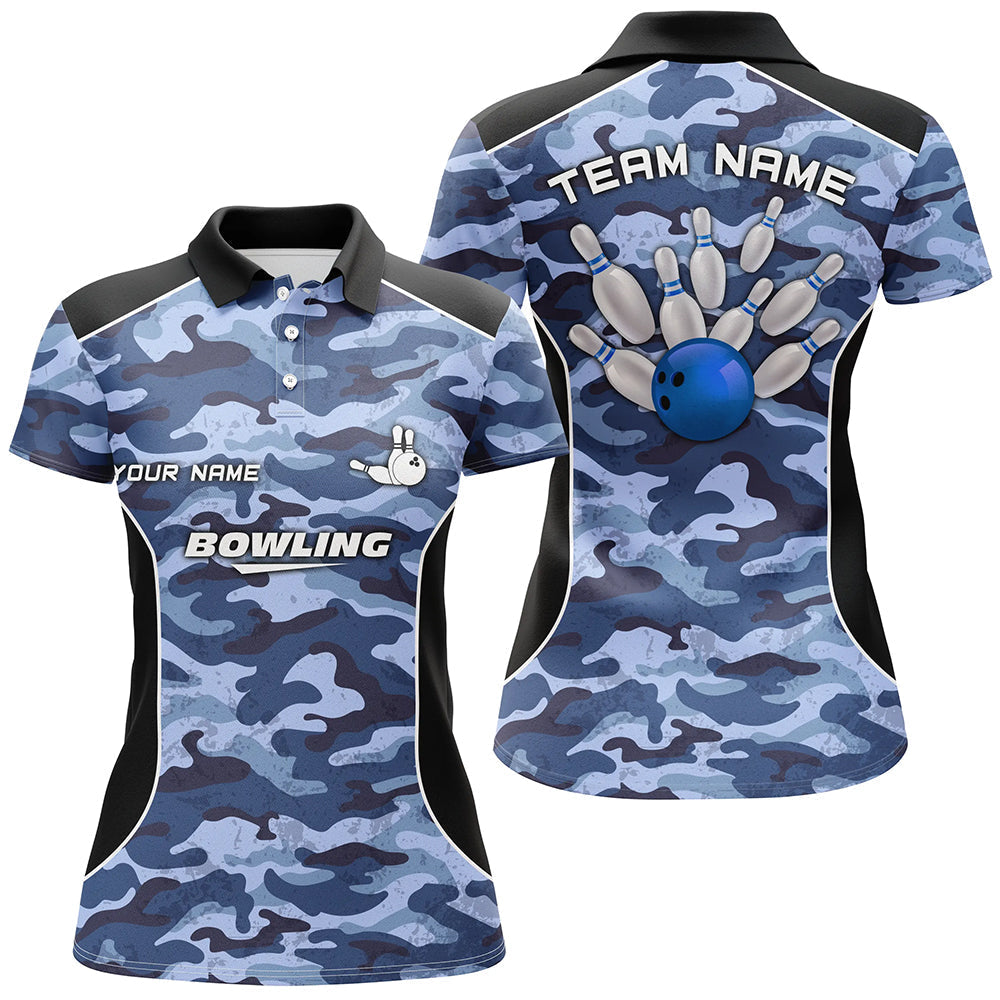 Women's Blue Camo Bowling Polo Shirt - Custom Team Jersey N6361