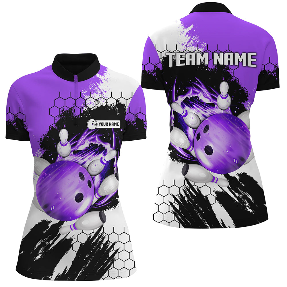 Women's Custom Purple Flame Bowling Quarter Zip Jerseys N6578