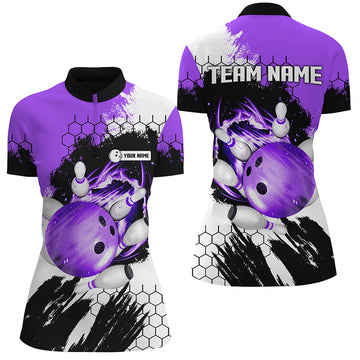 Women's Custom Purple Flame Bowling Quarter Zip Jerseys N6578