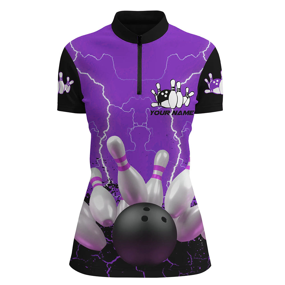 Women's Purple Lightning Quarter Zip Bowling Jersey N7279