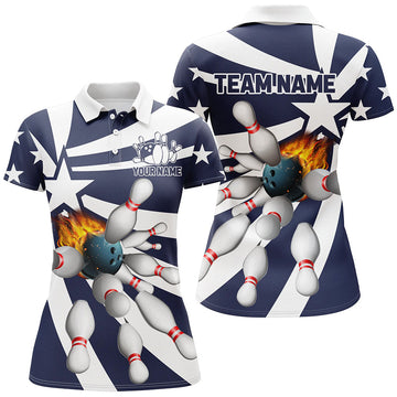 Women's Blue & White Quarter Zip Bowling Polo - Custom Flame Team Jersey N7820
