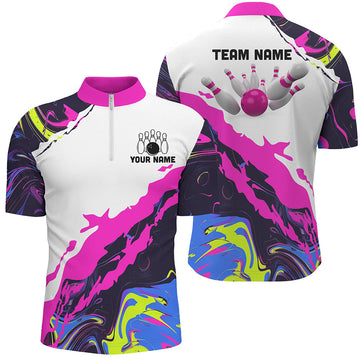 Men's Pink Bowling Quarter Zip Shirt - Custom Team Jersey N7283