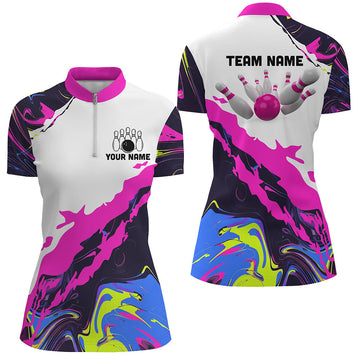 Women's Pink Bowling Quarter Zip Shirt - Custom Team Jerseys N7283