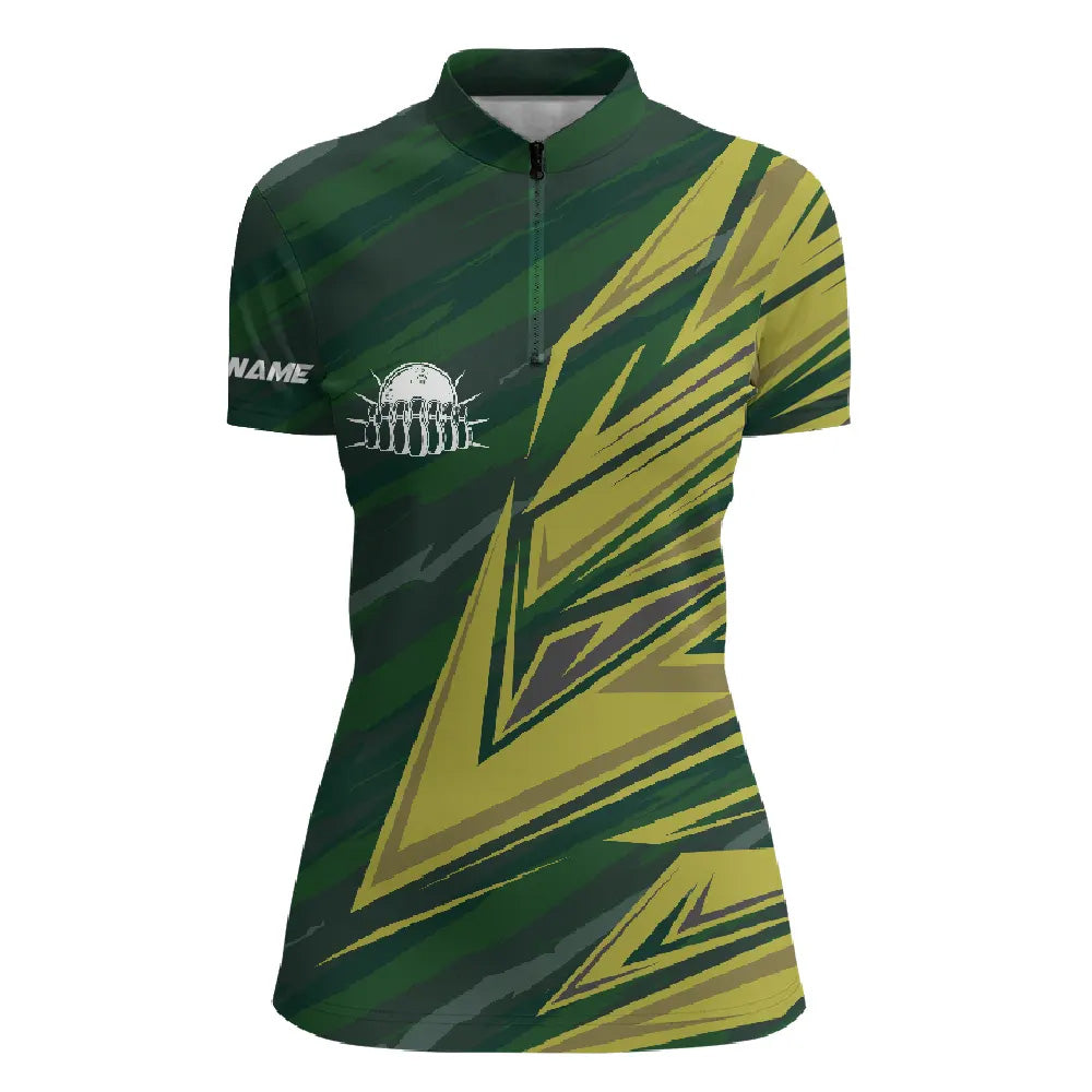 Women's Bowling Quarter Zip Shirt - Custom Green Yellow Camo Team Jersey N6380