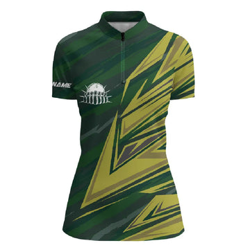 Women's Bowling Quarter Zip Shirt - Custom Green Yellow Camo Team Jersey N6380