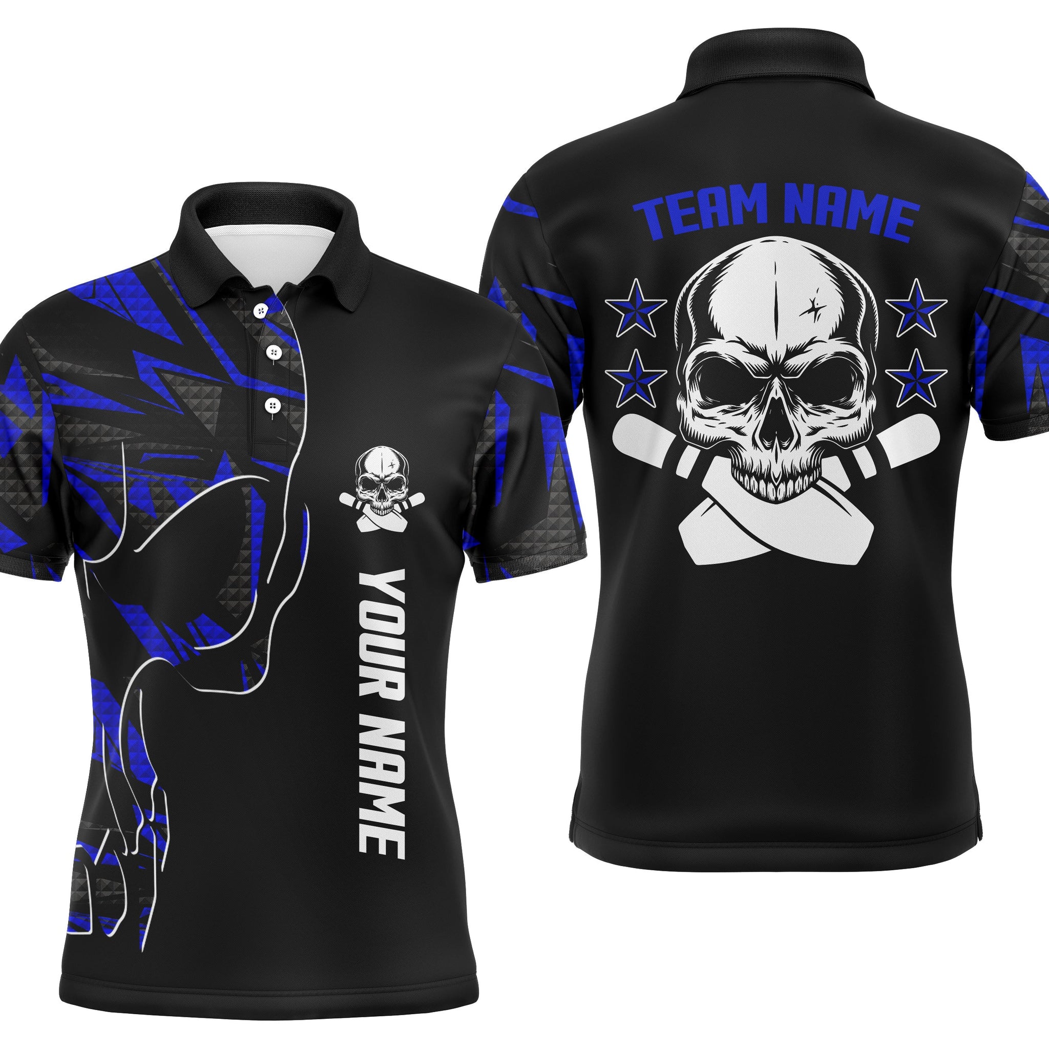 Blue Skull Bowling Polo Shirt for Men - Custom Name & Team Name N4553
