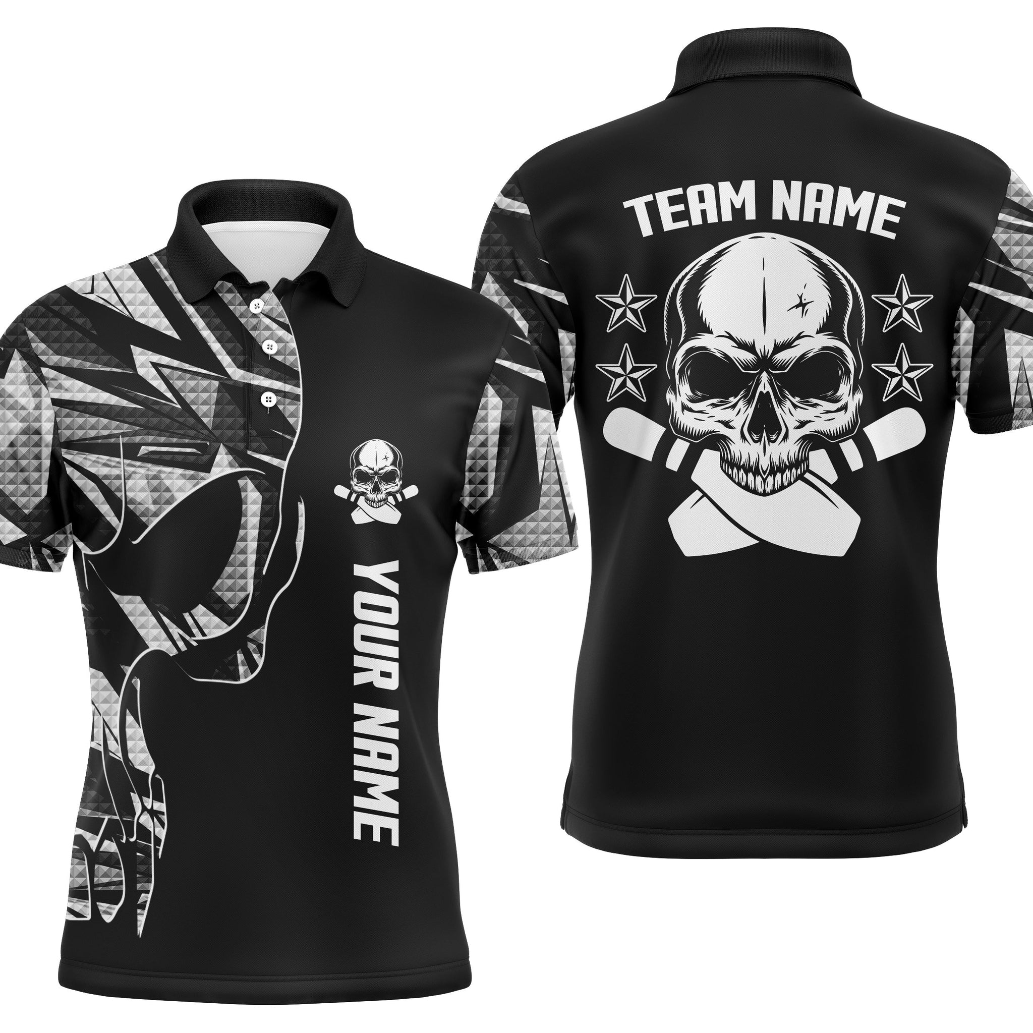 Men's White Skull Bowling Polo Shirt with Custom Name N4553