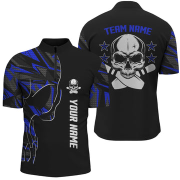 Men's Custom Skull Bowling Quarter Zip Shirt - Blue N4553