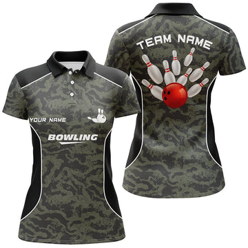 Women's Camo Bowling Polo Shirt - Custom Ball & Pins Team Jersey N5248
