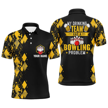 Yellow Argyle Bowling Polo Shirt for Men - Custom 'My Drinking Team Has a Bowling Problem' N6870