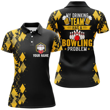 Women's Yellow Argyle Bowling Polo Shirt - Custom "My Drinking Team Has a Bowling Problem" N6870
