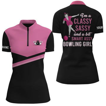 Pink Women's Quarter Zip Bowling Shirt - Classy & Sassy N4677