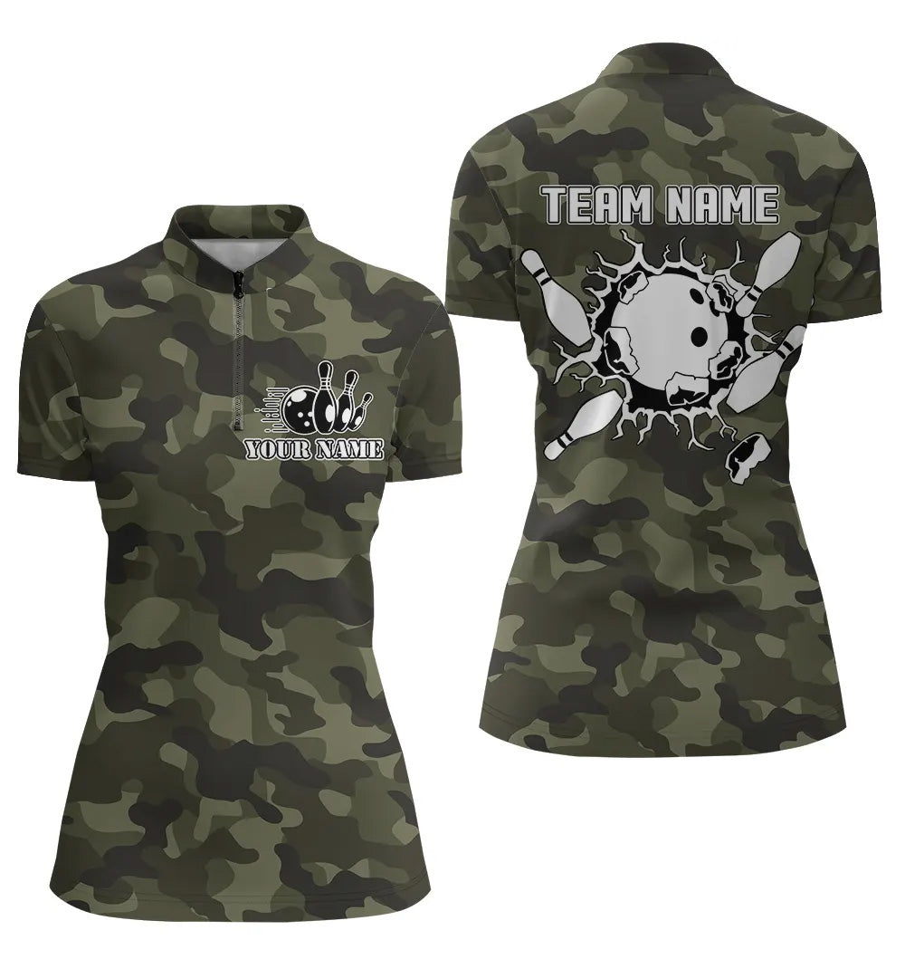 Women's Green Camo Bowling Quarter Zip Jersey N5261