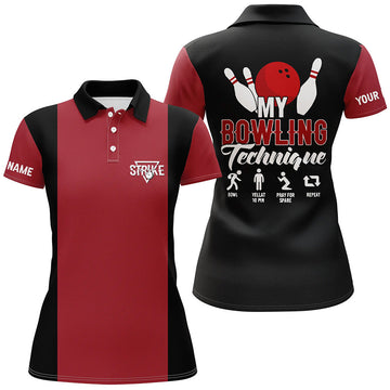 Red & Black Vintage Women's Bowling Polo Shirt - Custom Team Jersey N5487