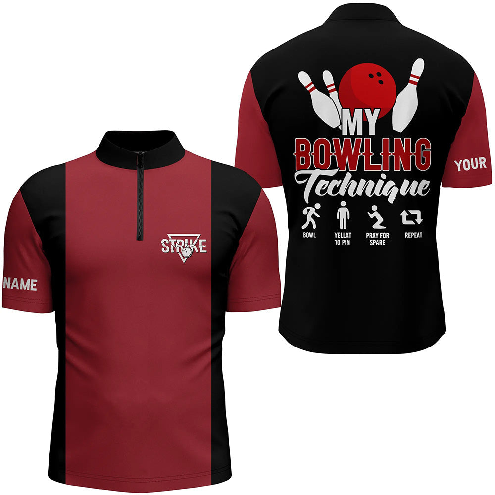 Men's Vintage Red & Black Bowling Quarter Zip Shirt - Custom Team Design J5487