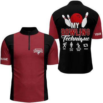 Men's Vintage Red & Black Bowling Quarter Zip Shirt - Custom Team Design J5487