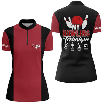 Red & Black Vintage Women's Bowling Quarter Zip Jersey N5487