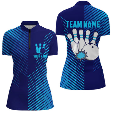 Women's Custom Blue Striped Bowling Polo Shirt N7843