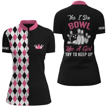 Pink Women's Quarter Zip Bowling Shirt - Custom Name "I Bowl Like a Girl" N4563