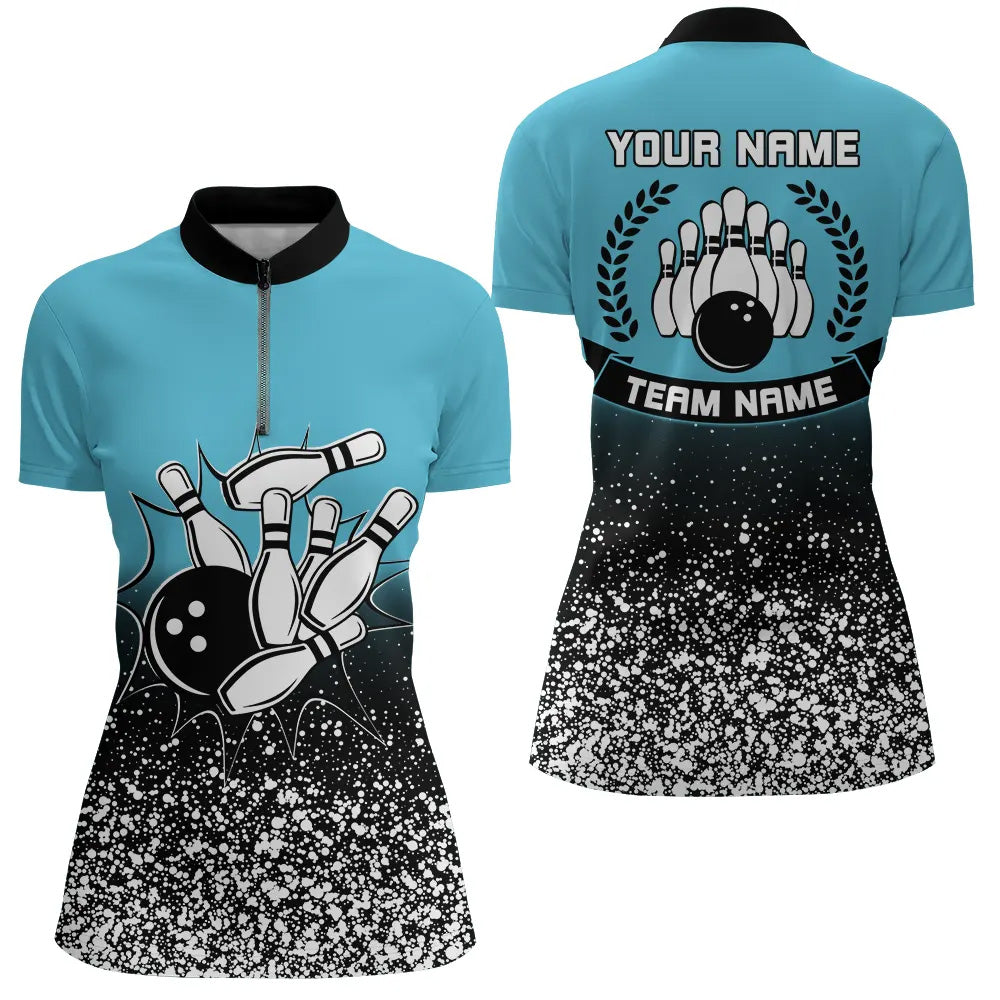 Women's Blue Retro Bowling Quarter Zip Shirt N6407