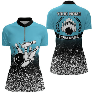Women's Blue Retro Bowling Quarter Zip Shirt N6407