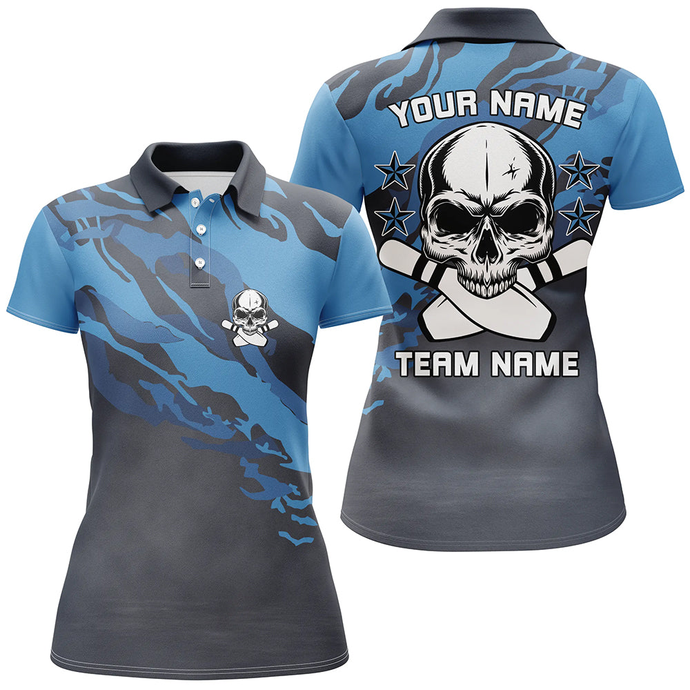 Women's Custom Blue Camo Skull Bowling Polo Shirt N6411