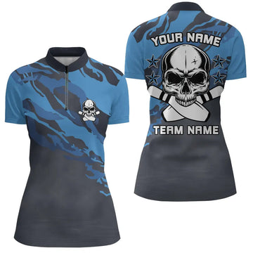 Women's Blue Camo Skull Bowling Quarter Zip Shirt - Custom Team Jersey N6411
