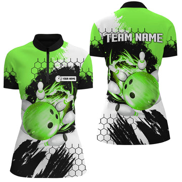 Green Flame Bowling Quarter Zip Shirts for Women N7163