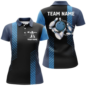 Women's Custom Black & Blue Bowling Polo Shirt N7502