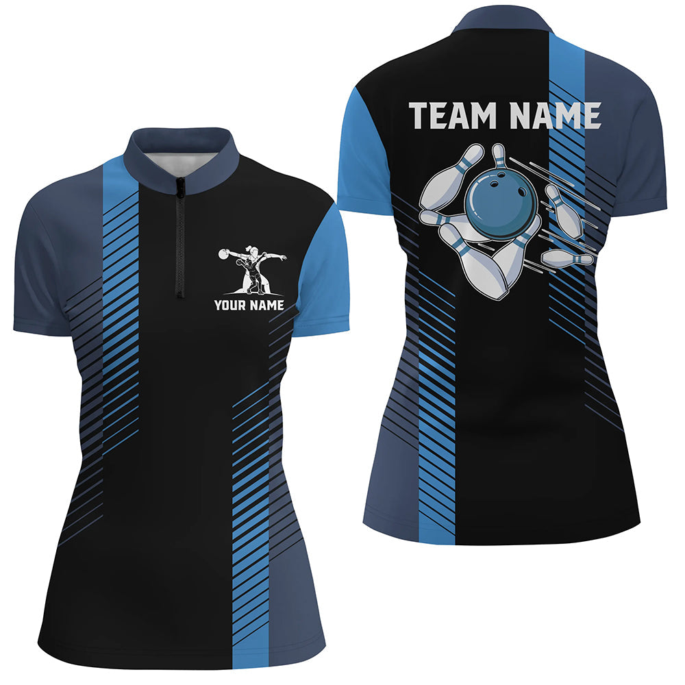Women's Custom Black & Blue Bowling Quarter Zip Shirt N7502
