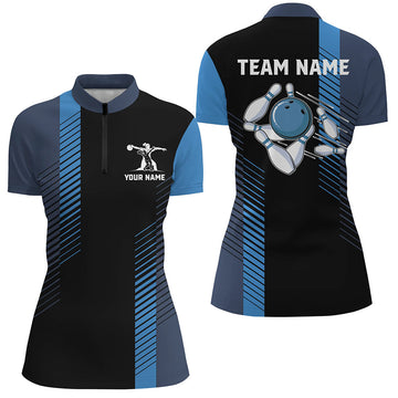 Women's Custom Black & Blue Bowling Quarter Zip Shirt N7502