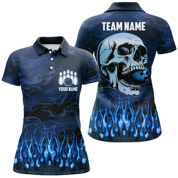 Women's Blue Camo Flame Skull Bowling Polo Shirt N7652