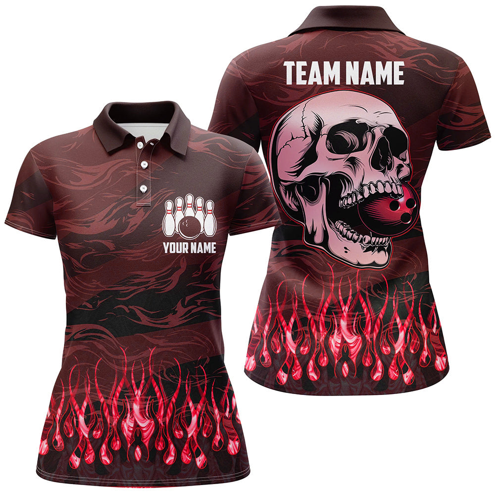 Women's Red Camo Flame Skull Bowling Polo Shirt N7653