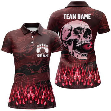 Women's Red Camo Flame Skull Bowling Polo Shirt N7653