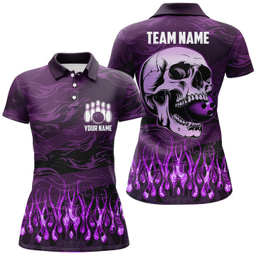 Women's Purple Camo Flame Skull Bowling Polo Shirt N7654