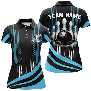 Black Women's Bowling Polo, Quarter Zip, Custom Team Jersey - Blue N7660