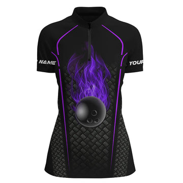 Women's Purple 3D Fire Black Custom Quarter Zip Bowling Jersey N7053
