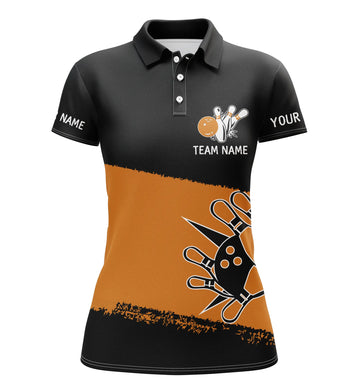 Women's Custom Team Bowling Polo Shirt - Black & Orange N4769